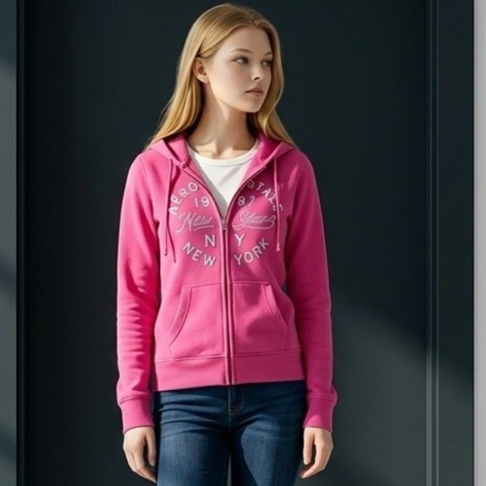 Aeropostale Full Zip Hoodie Sweatshirt Hot Pink Bedazzled Logo Front Y2K Style
